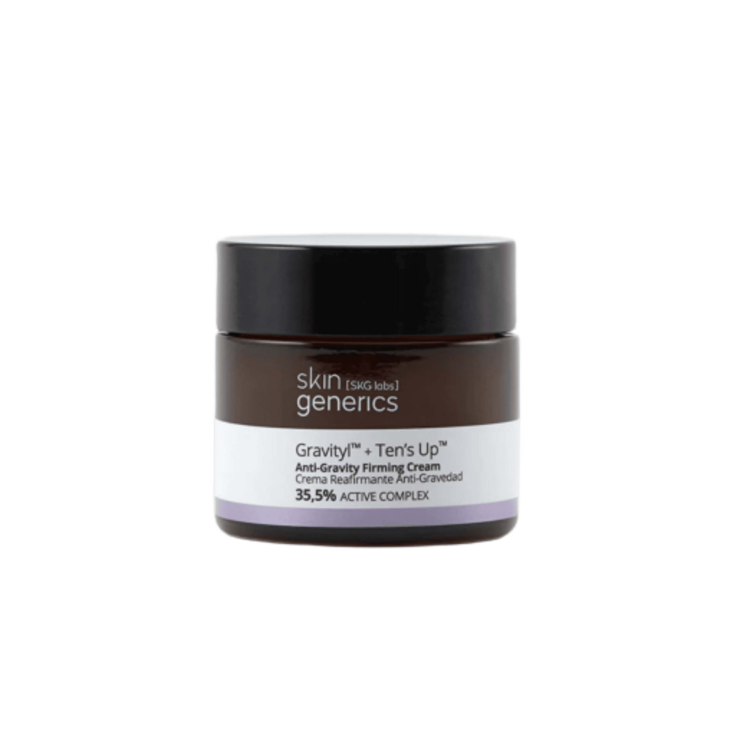 Skin Generics Gravity™ + Ten's Up™ Anti-Gravity Firming Cream 50ml with 35.5% Active Complex in a brown glass jar with a black lid, designed to improve skin firmness, elasticity, and facial contours.