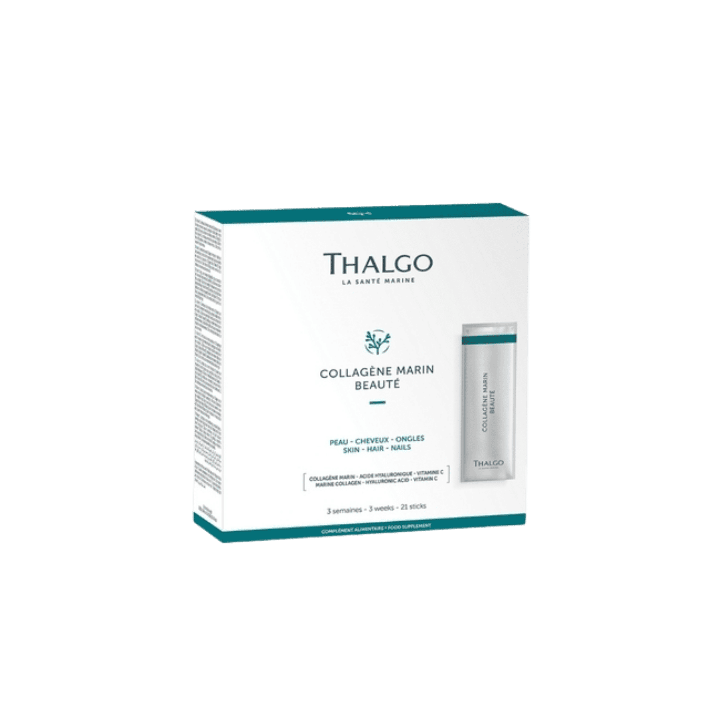 3525801705710 THALGO Marine Collagen Beauty food supplement, 21 sticks, in a white and turquoise box.
