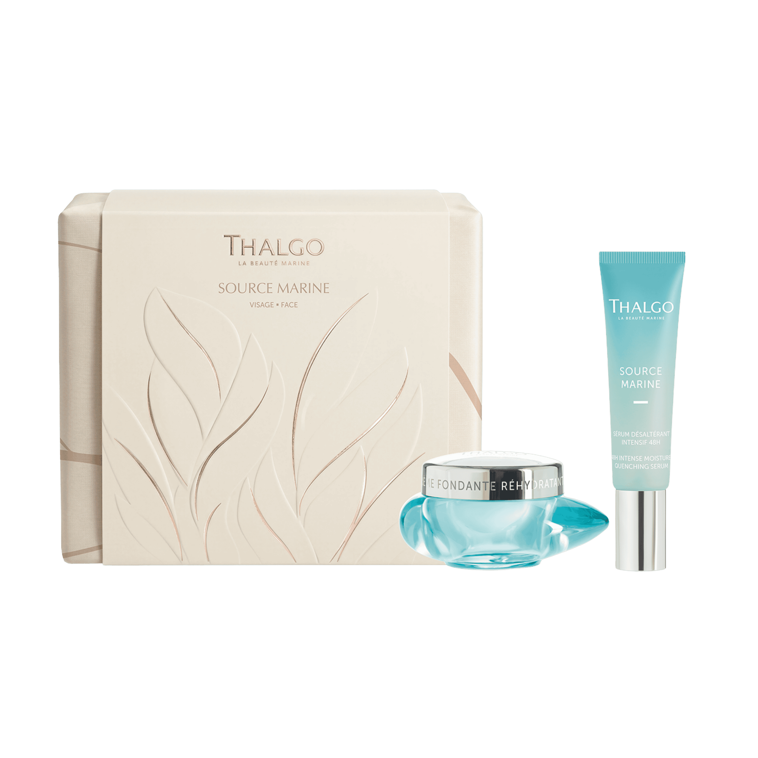 GT25035 THALGO Source Marine gift set with hydrating cream, moisturising serum and a cream-coloured gift box.