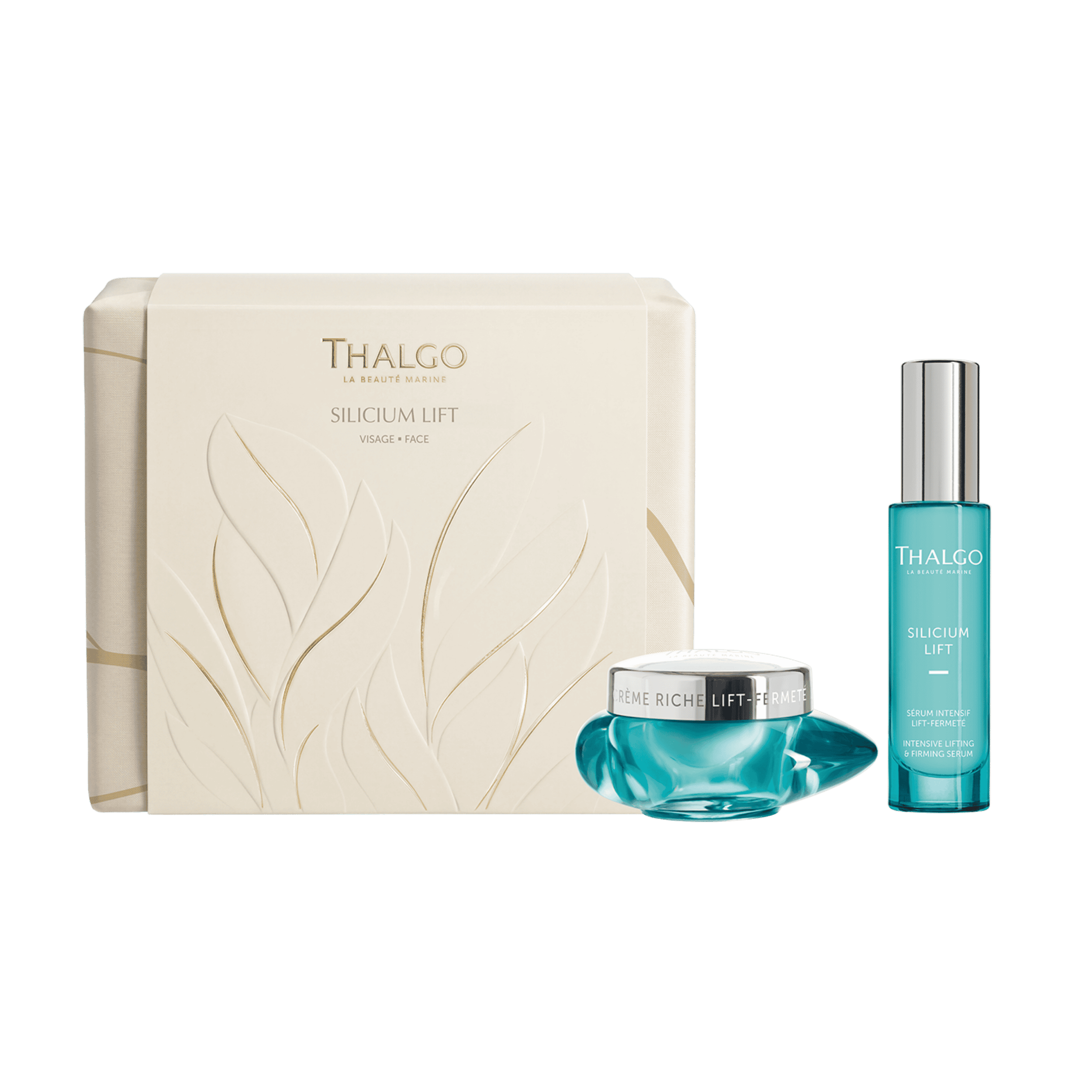 THALGO Silicium Lift gift set with rich lifting and firming cream, intensive lifting and firming serum, and a cream-coloured gift box