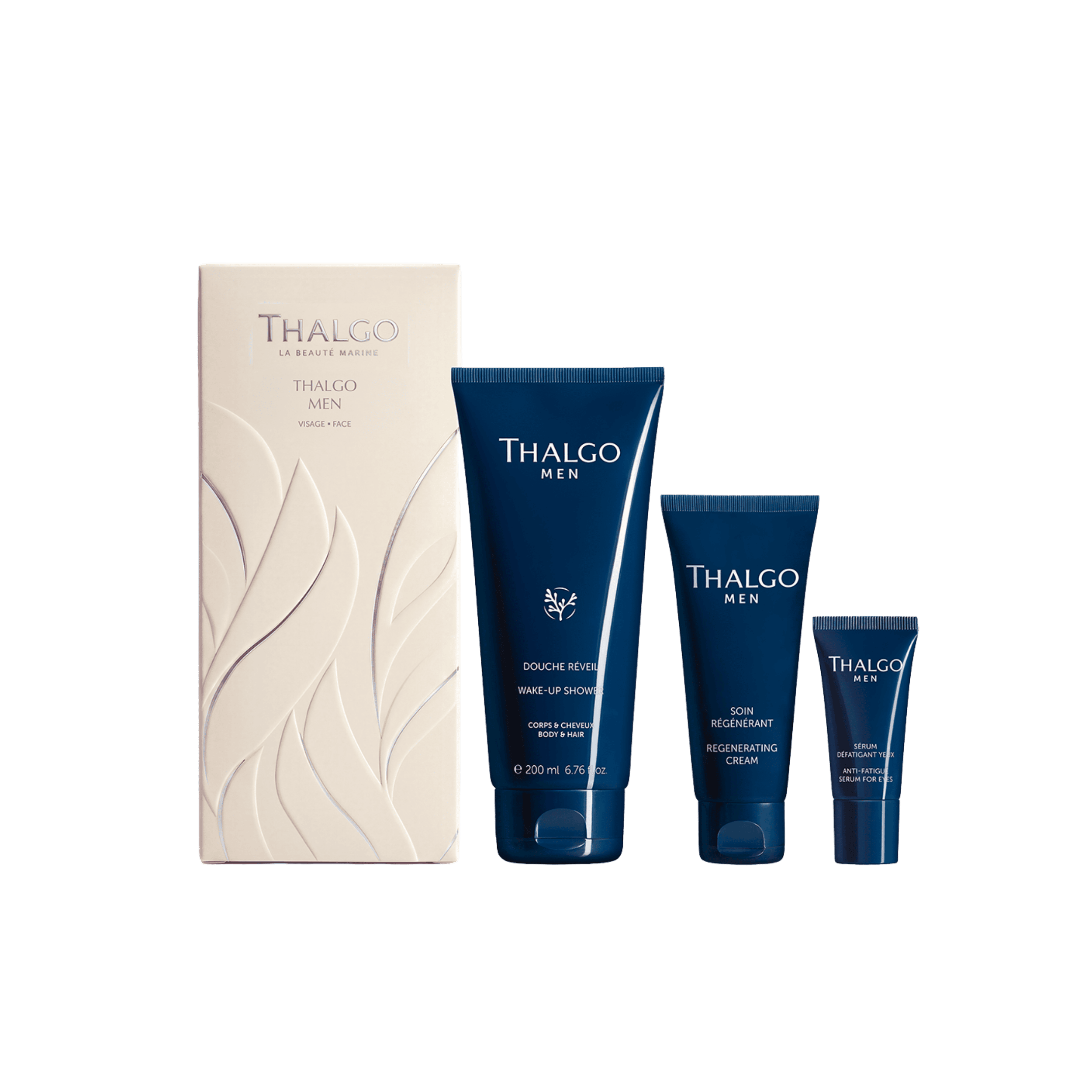 THALGO Men gift set with Wake-Up Shower gel, Regenerating Cream, Anti-Fatigue Serum for Eyes and a cream-coloured gift box.